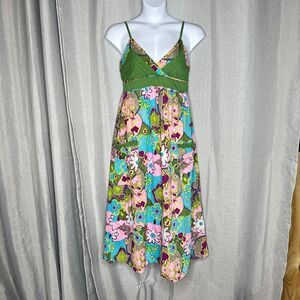 MAGIC Babydoll Green‎ Floral Handkerchief Hem Dress L Boho Y2K Hippie Festival